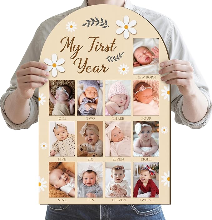 R HORSE Large My First Year Photo Frame Board, 23 x 15 Inches 3D Daisy Birthday Decorations Display Wood Board, Baby First Year Picture Frame 12 Months Milestone 1st Birthday Nursery Decor Gift