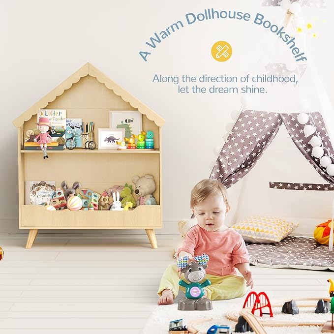 Curipeer Kids Dollhouse Bookshelf, Wooden Bookcase Storage with Motion-Activated Light, 2-Tier Open Display Organizer for Toys and Books, Baby Bookshelf for Birthday, Christmas, Natural Wood Color