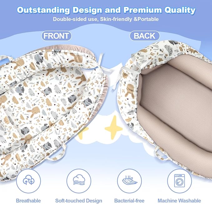 Baby Lounger, Portable Baby Lounger for Newborn 0–24 Months, Infant Nest for Travel, Floor Time, and Crib Use, Baby Essentials for Home (Hoot)