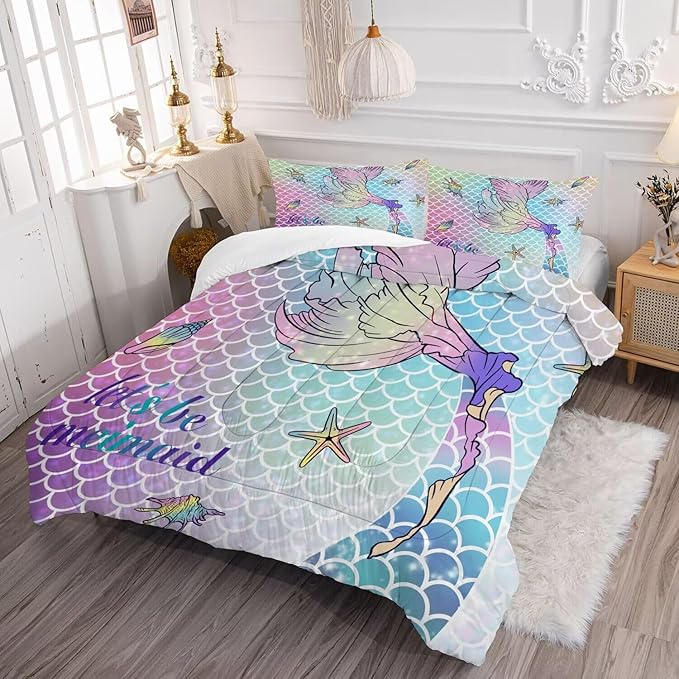 kxry Mermaid Tail Comforter Set King Size Gradient Fish Scales Sea Bedding Sets for Girls Teens Kids Ocean Starfish Conch Soft Microfiber Lightweight Comforter Set with 1 Comforter + 2 Pillow Cases