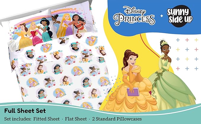 Sunny Side Up Disney Princess Full Sheet Set - 4 Piece Kids Bedding Set Includes Pillow Cover - Super Soft Rainbow Microfiber Sheets Moana, Belle & Rapunzel