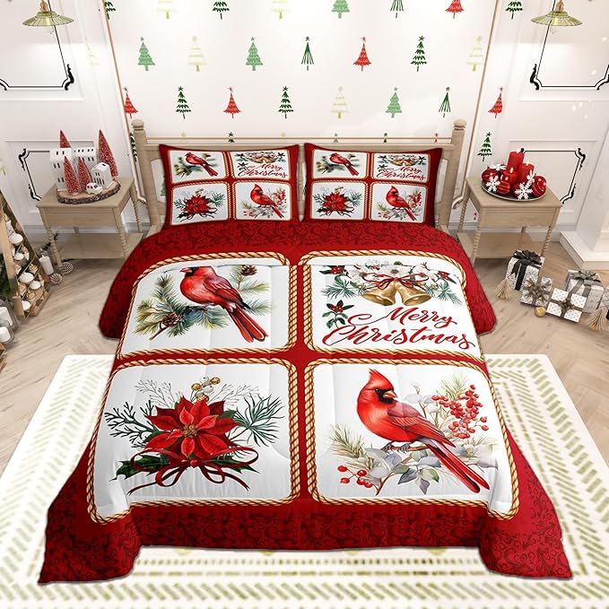 Castle Fairy Christmas Comforter Set King Size,Xmas Cardinals Floral Bells Checkered Bedding Set All Season Quilt Set,Cute Bird Watercolor Red Geometric Microfiber Polyester Down Comforter