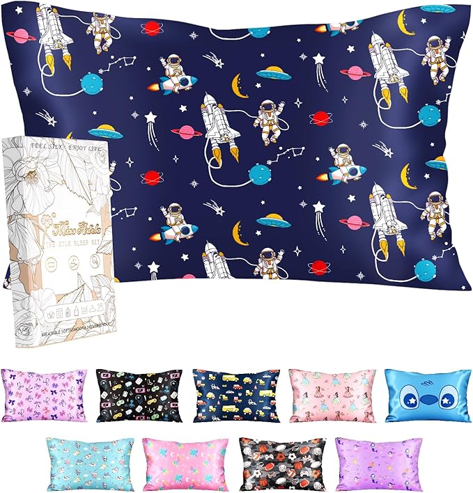 Silk Pillowcase for Kids - 30 x 20 Inches Queen Size Mulberry Silk Pillow Case with Zipper Cute Cartoon Kawaii Teens Girls Boys Pillowcase for Hair and Skin, Planet Stars