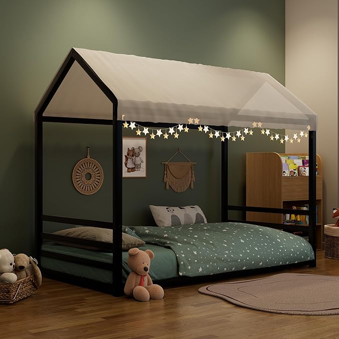 Harper & Bright Designs Full Size Montessori Floor Bed for Children, Metal House Bed Frame with Roof and Fence, Kids Floor Bed Frame for Boys Girls, Easy Assemble, No Slats,Black