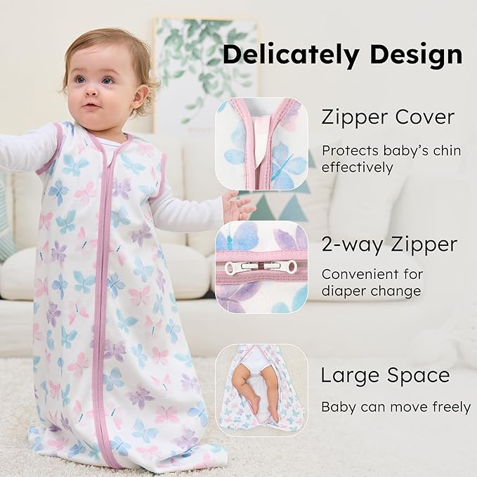 Baby Sleep Sack 12-18 months, 100% Cotton Sleeping Sack for Toddler, 3 Pack Baby Wearable Blanket, 0.5 Tog Lightweight Double Zipper Sleep Bag Large Pink Butterfly Flower