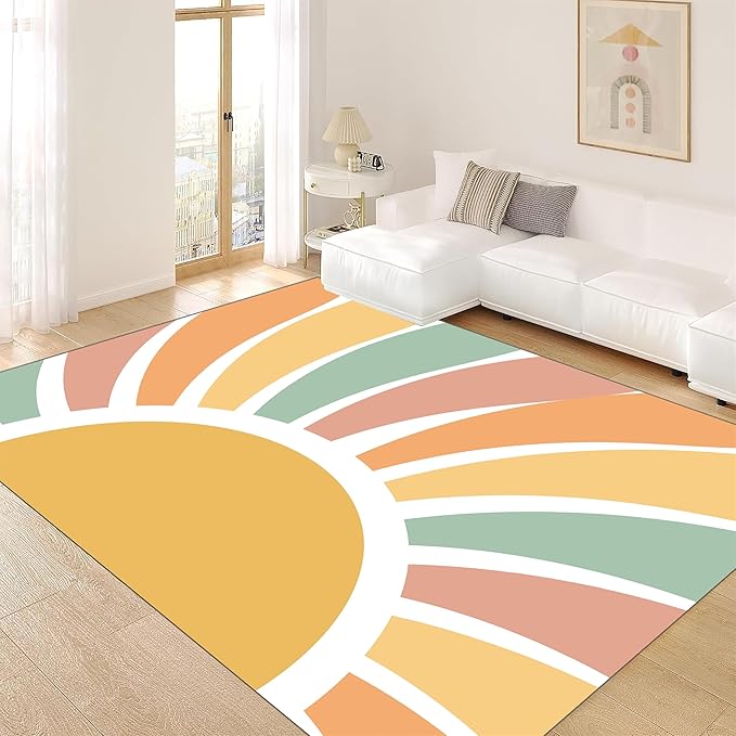 Machine Washable Rainbow Rugs Bedroom Fluffy Plush Soft Area Rugs Rainbow Sunshine Sun Print Living Room Non-Slip Indoor Flooring Kids Girls Boys Home Decor Aesthetics 4x6ft