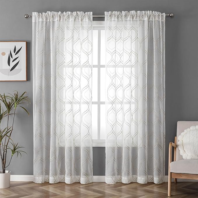 VISIONTEX White Sheer Curtains 84 Inches Long 2 Panels Set Brown Moroccan Embroidered Curtains Trellis French Textured Rod Pocket Voile Tulle Semi Window Drapes for Bedroom Living Room 54 x 84 Inches