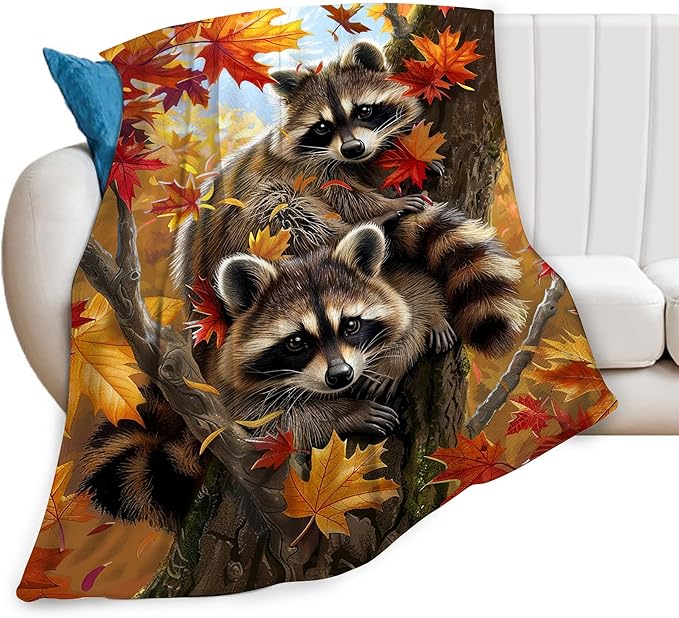 Raccoon Blanket Funny Raccoons Gifts for Girls Boys Woman Kids Raccoon Lover Maple Leaf Throw Blankets Soft Blanket Warm Fleece Flannel Plush Blankets for Bed Sofa Couch 40"x50"