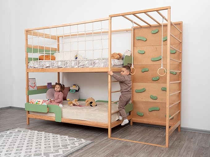 2-in-1 Bunk Bed with Desk and Toddler Jungle Gym Indoor for Home Activities, Made in Europe 75 x 38 Bunkbed with Storage Baskets, 3 Colors Space Saving Montessori Floor Bed Combined with Jungle Gym