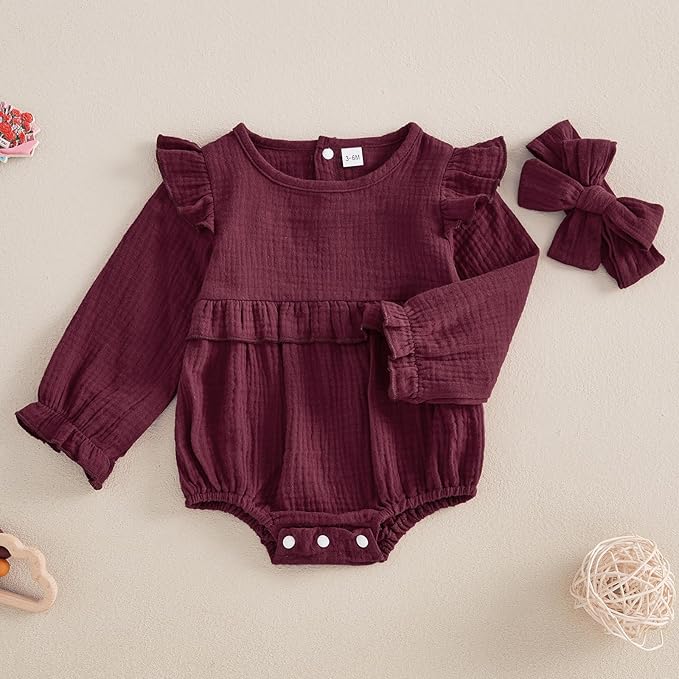 Newborn Infant Baby Girl Clothes Cotton Linen Long Sleeve Smocked Bubble Romper Ruffle Bodysuit Jumpsuit Fall Outfit