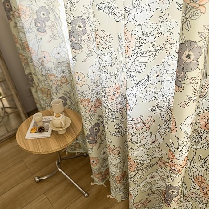 ENJOYBRIDAL Floral Curtains 63 Inches Long 2 Panels Set Bedroom Farmhouse Drapes Semi Sheer Rod Pocket Living Room Short Window Curtain Panels Boho Cottage Core Cute Vintage Rustic Window Treatments
