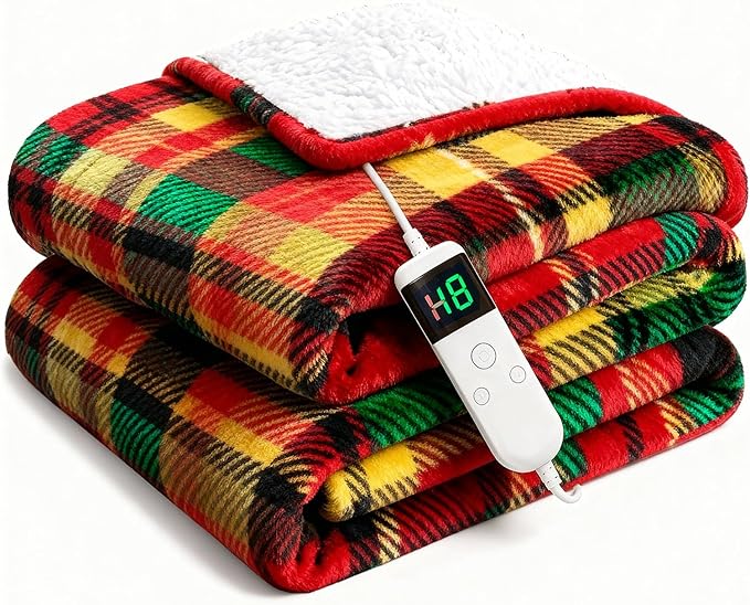 Electric Blanket Heated Twin, Soft Flannel 62"x84" Plaid Heating Blanket with 8 Hours Auto Off 10 Fast Heating Levels Machine Washable Sherpa Heated Blanket with Overheating Protection