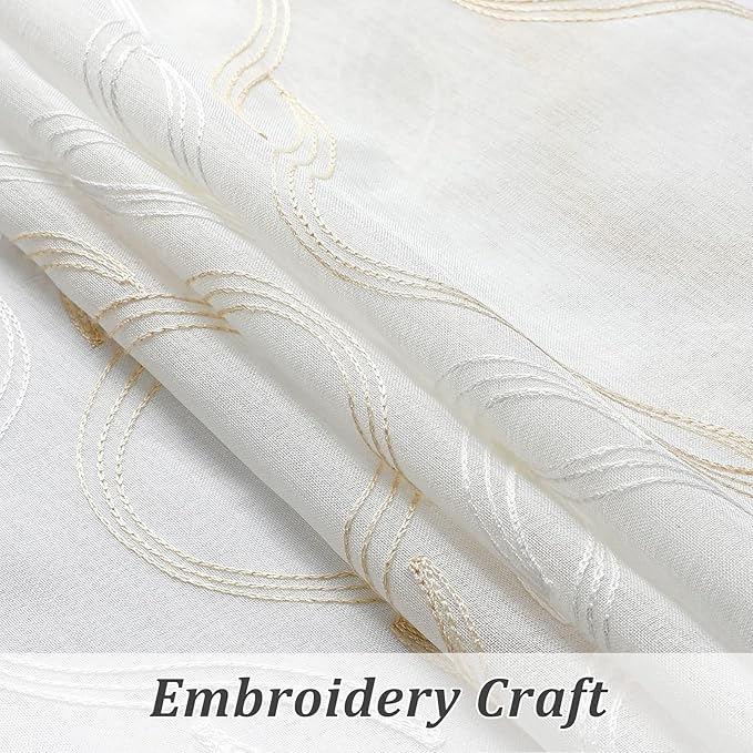 VISIONTEX Sheer Curtains 84 Inches Long 2 Panels Set, Beige and Ivory Two Tone Textured Moroccan Embroidery Geometric Rod Pocket Ivory Voile Tulle Semi Window Treatment Pair for Bedroom, W54 x L84