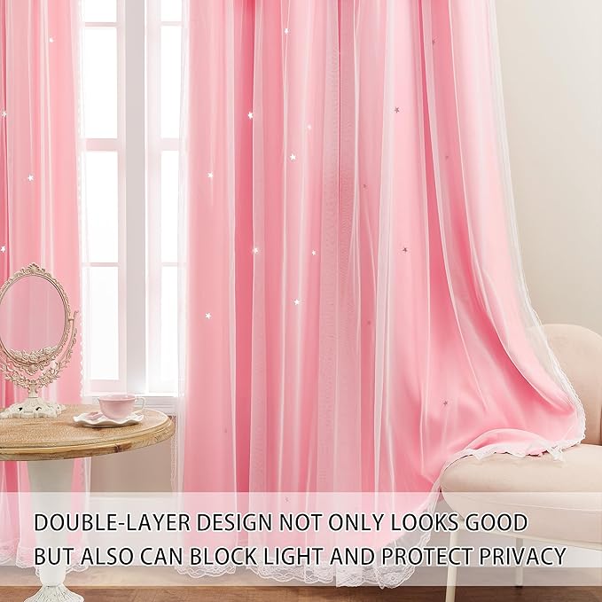 XiDi Pink Curtains for Kids Girls Bedroom 2 Panels Blackout Double Layer Curtains with Sheer Overlay 72 Inches Length for Nursery Princess Room Star Cut Out Home Decor Grommet Window Drapes W52 X L72