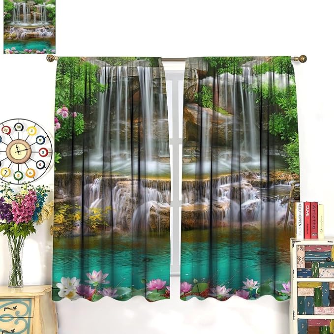 Waterfall Blackout Window Curtains, Rocky Waterfall to Pond Running Off Scenic Nature Themed Picture Print Window Drapes, for Living Room Bedroom 84x84in 2 Panels
