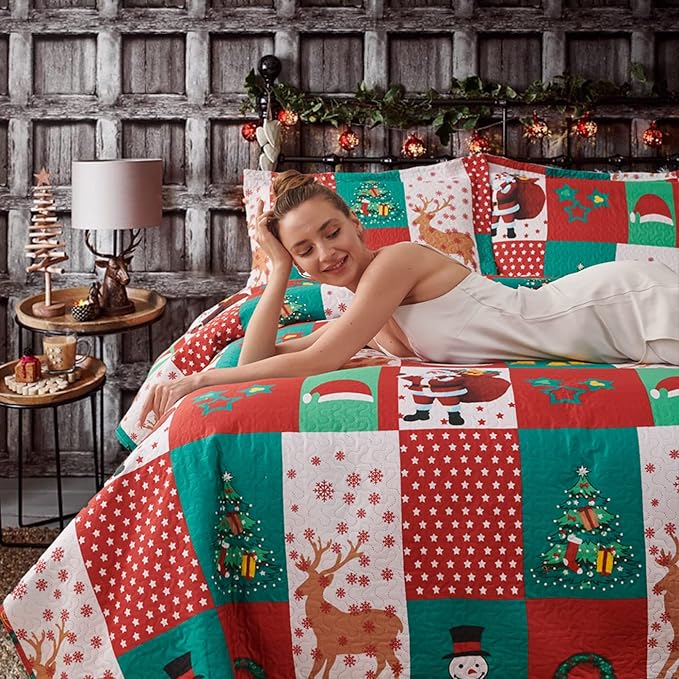 Christmas Bedding Set King Size Christmas Quilt Bedspread Holiday Xmas Bedding Plaid Patchwork Rustic Lodge Cabin Snowman Santa Claus Festival Decor Lightweight Reversible Bedspread Coverlet Red