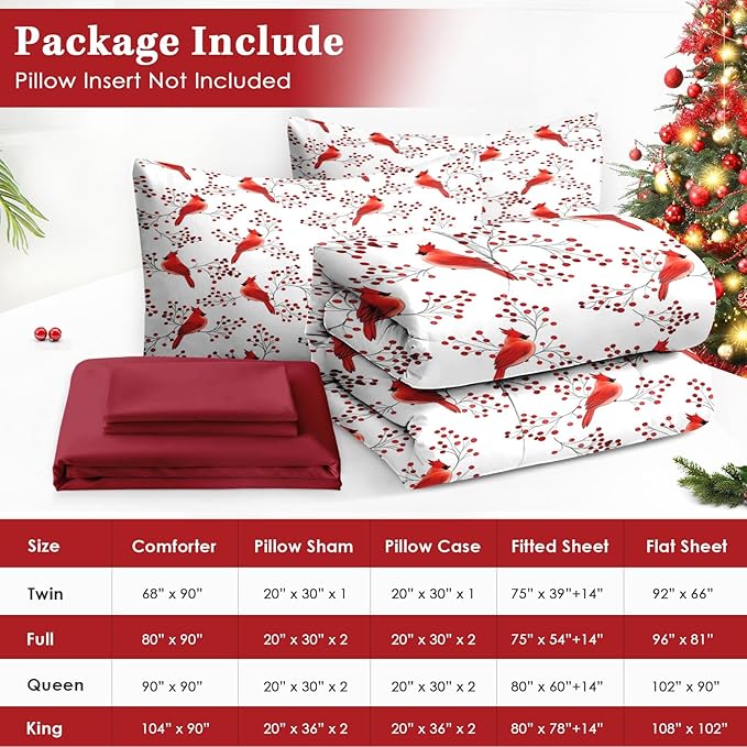 7 Pcs Full Size Christmas Comforter Set with 2 Pillowcases & 2 Shams, Winter Cardinal Bird Bedding for Kids and Adults, Berries Branches Bed in a Bag with Flat Fitted Sheet
