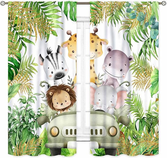 Jungle Safari Animals Curtains, Cartoon Animals Lion Giraffe Elephant Woodland Tropical Leaf Green Window Drapery for Kids Boys Girls Baby Living Room Bedroom Nursery 2 Panels, 42"x45" Inch