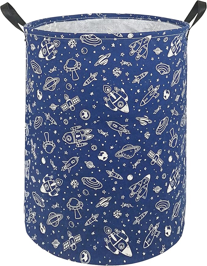 KUNRO Round Laundry Gift Basket Storage Hamper, Kids Toys and Clothes Storage Organizer Bins, Toy Shelf Basket with Handles for Room Decor (navy Spaceship)