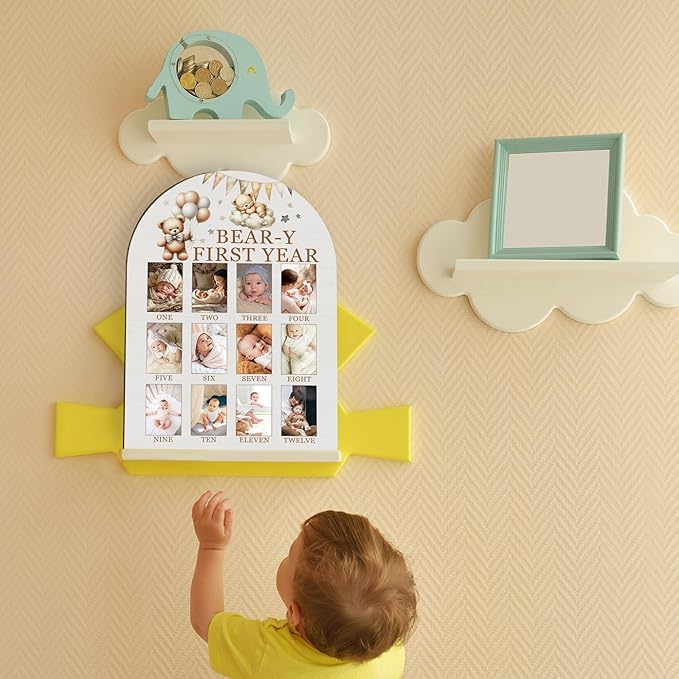 My First Year Photo Board, Bear-Y First Year Baby Milestone Signs for Boys Girls Nursery Decor, 12 Month Wooden Pictures Board for 2x3 Photos, Best Babies Keepsake Gifts-A04