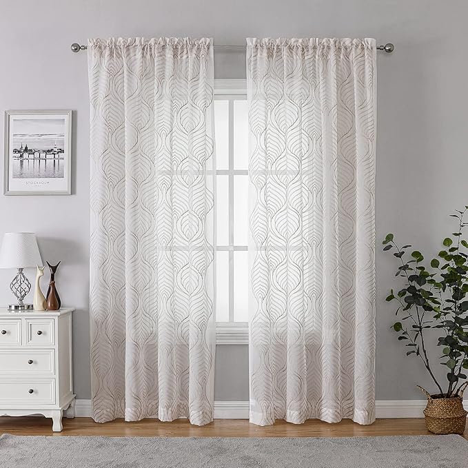 VISIONTEX Sheer Curtains 63 Inch Length 2 Panels Set Taupe Moroccan Embroidery Texture Geometric Rod Pocket Ivory White Voile Tulle Semi Window Treatment Pair for Bedroom Living Room 54 x 63 Inches