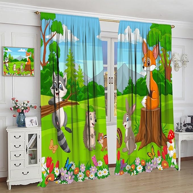 Safari Animal Curtains for Kids Cartoon Woodland Wildlife Jungle Animals Window Treatments for Boys Girls Bedroom Cute Fox Forest Nursery Children Drapes for Living Room W42xL54
