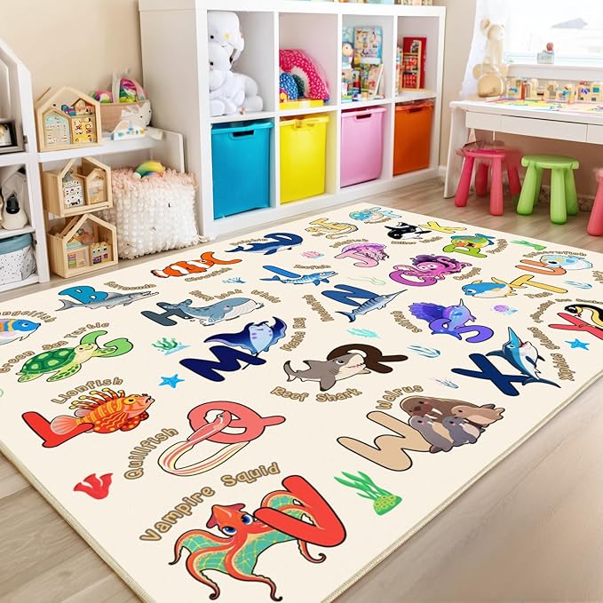 Kids Rugs for Playroom, 3x4 Feet Educational Rug for Learn The ABC Alphabet, Soft Machine Washable Non-Slip Cute Marine Organisms Carpet for Classroom Toddler Nursery Kids Room Decor, Beige