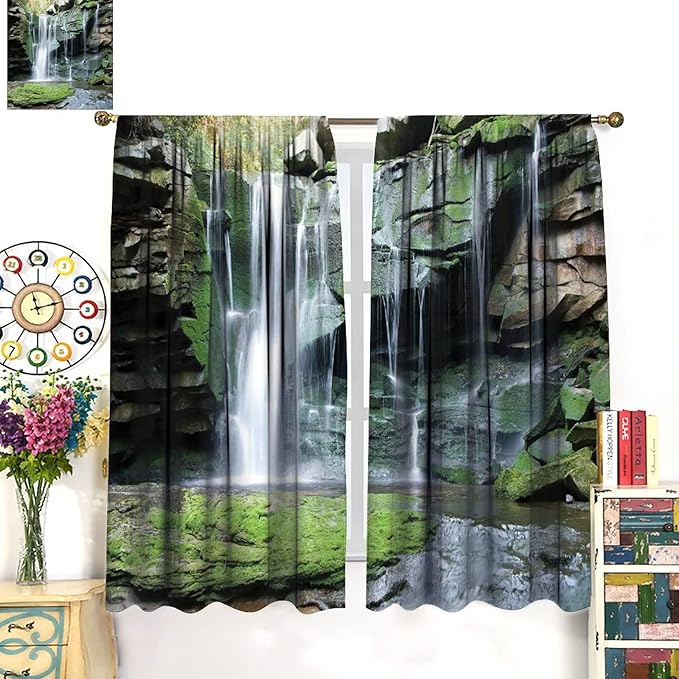 Forest Waterfall Blackout Windows Curtains, Rocky Waterfall to Pond Running Off Scenic Nature Themed Picture Print Curtains, for Living Room Bedroom 42x54in 2 Panels