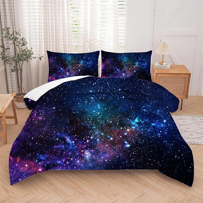 kxry Blue Purple 3D Galaxy Comforter Set Full Size Outer Space Starry Sky Universe Bedding Sets for Girls Teens Kids 1 Comforter + 2 Pillow Cases