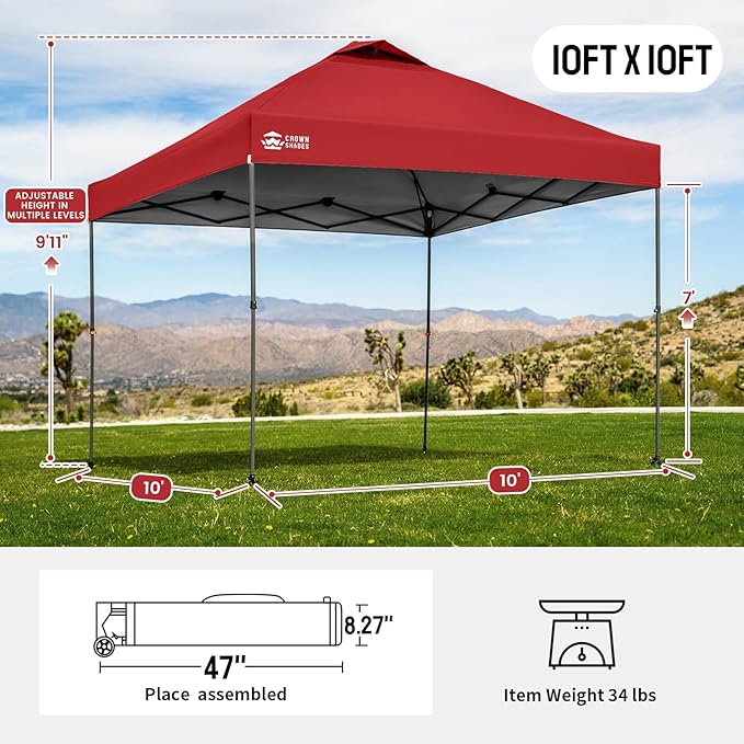 CROWN SHADES Adjustable Height on The Fly, 10x10 Pop Up Canopy - Beach Tent with One Push Setup - Easy Outdoor Sun Shade for Events, Parties, Camping - Outside Shade with STO-N-Go Bag, Red