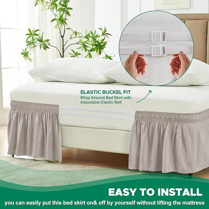 Biscaynebay Wrap Around Bed Skirts for Twin & Twin XL Beds with 15" Drop, Camel Grey Adjustable Elastic Dust Ruffles Easy Fit Wrinkle & Fade Resistant Silky Luxurious Fabric Machine Washable