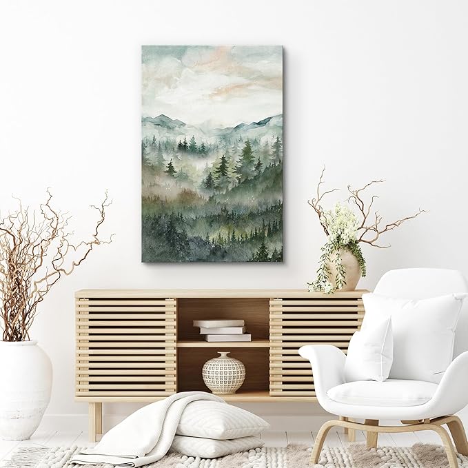 SIGNWIN Canvas Print Wall Art Misty Forest Landscape Watercolor Serene Mountain Pine Trees in Fog Illustrations Modern Art Decorative Landscape for Living Room, Bedroom, Office - 16"x24"