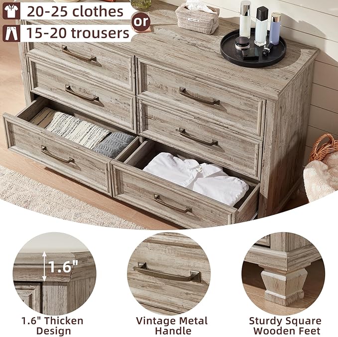 Farmhouse Bedroom Dresser and Nightstand Set of 4, 6 Drawer Tall & Low Dresser & 2 Drawer Nightstand Set, Rustic Wood Furniture Set for Bedroom, Hallway, Grey