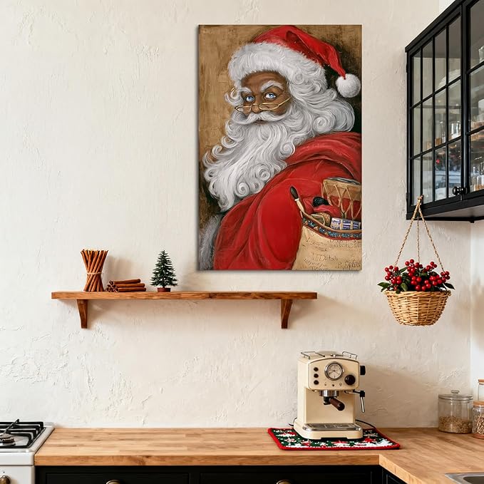 YONICA Christmas Canvas Wall Art Vintage Santa 24x36 Inch Retro Gift Bag with Toys - Large Framed Gallery Wrapped Traditional Decor