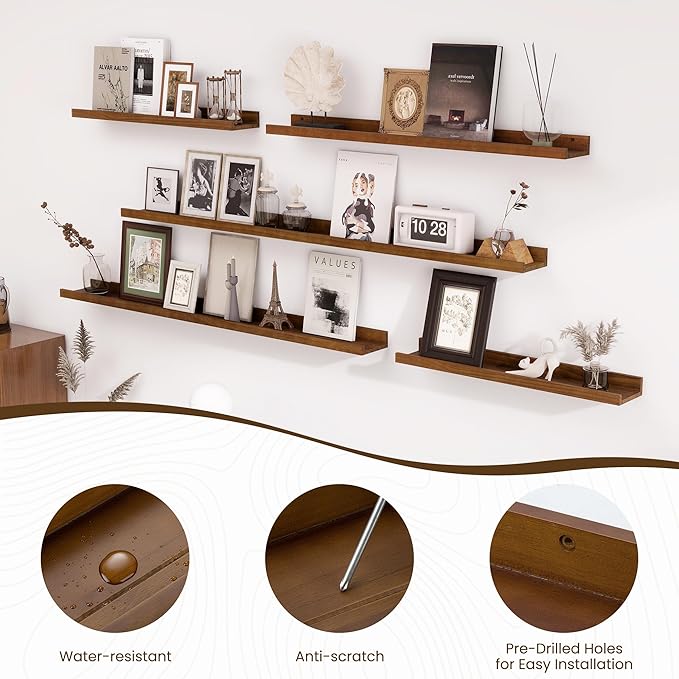 Fun Memories Picture Ledge Shelf, Pine Wood Floating Shelves Set of 2, 24 inch Nursery Book Shelves, Photo Ledge Book Shelves Wall Mounted for Living Room Kids' Room Bedroom - Walnut