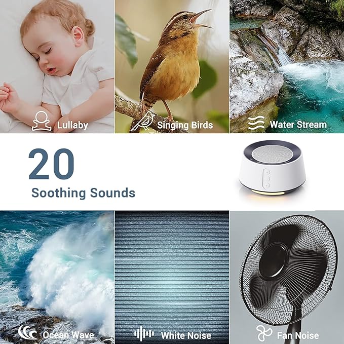 BGOVERSS White Noise Sound Machine with 20 Soothing Sounds, 10 Colors Night Light Sleep Machines Home Office Travel, 5 Timers and Memory Feature Sound Machine for Nursery Baby Kids Adults (White)