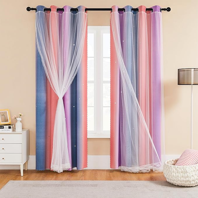 XiDi Girls Curtains for Bedroom 96 Inches Long 2 Panels Grey Pink Purple Rainbow Blackout Curtains for Little Girl Kids Room Decor Living Room, Princess Unicorn Wall Decals Drapes 52x96