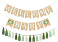 Baby Shower Burlap Pennant Banner Flag Felt Welcome Baby Sign Ombre Sage Green Heart and Olive Green Tassel Garland with Beads for Neutral Baby Shower Hello Baby Welcome Baby Party Decoration Supplies