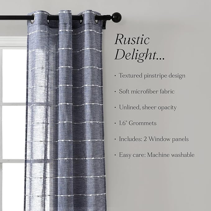 Lush Decor Farmhouse Textured Grommet Sheer Window Curtain Panel Pair, 38"W x 95"L, Navy