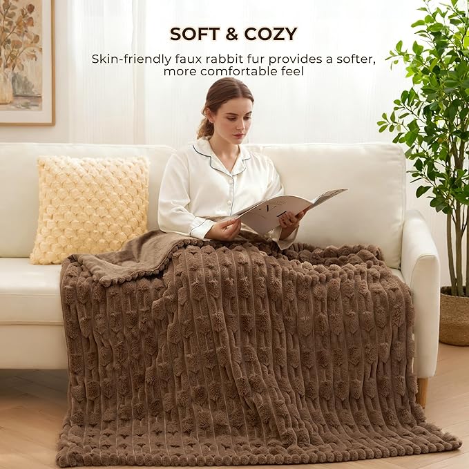 Heated Throw Blanket 50"x60", Electric Blanket with Bamboo Pattern, Luxury Faux Rabbit Fur&Soft Flannel, 6 Heat Settings, 1-4 Hour Auto Shut-Off, Throw Blanket for Couch, Machine Washable, Dark Brown