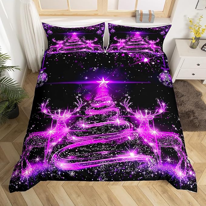 Manfei Christmas Tree Duvet Cover Set Queen Size Purple Twinkling Deer Comforter Cover Western New Year Bedding Set 3pcs for Kids Boys Girls Christmas Theme Quilt Cover with 2 Pillowcases,No Comforter