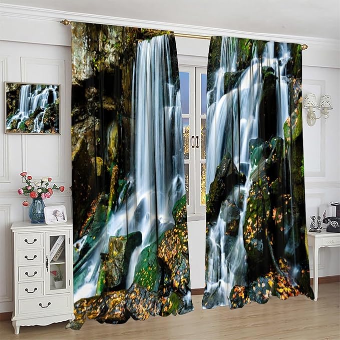 Waterfall Blackout Window Curtains, Forest Nature Landscape Theme Pattern Print Window Drapes, for Living Room Bedroom 72" W X 63" L