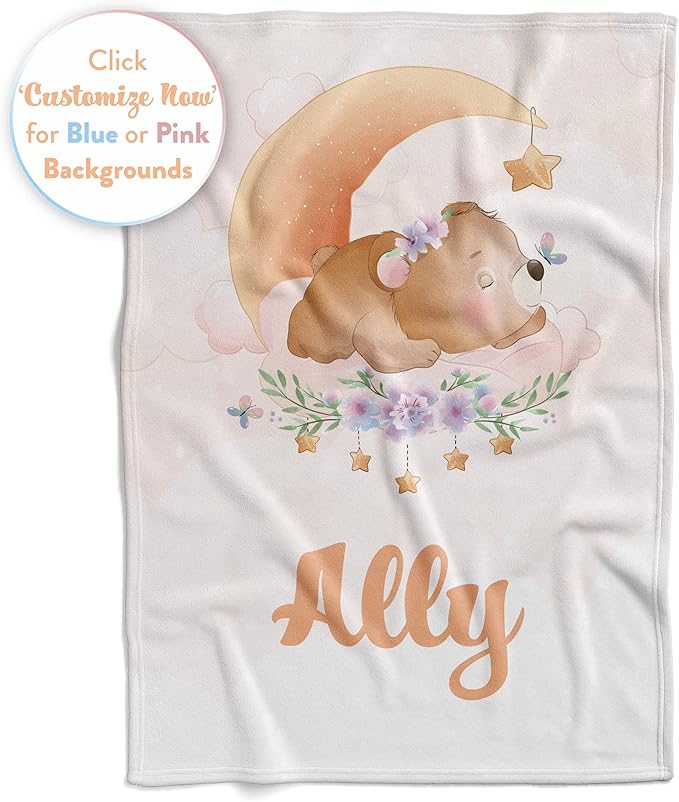 Personalized Baby Blankets with Name | Custom Bear Blanket for Baby Girls and Baby Boys | Unisex Warm Soft Fleece Swaddle Blanket Minky | (Bear, Fleece 30"x40")