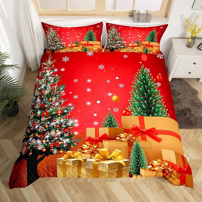 Feelyou Christmas Bedding Duvet Cover Set Kids Christmas Tree Bedding Set Boys Girls Snowflake Gift Boxes Decor Comforter Cover Set Microfiber Xmas Theme Bedspread Cover Bedroom Bedclothes Queen Size