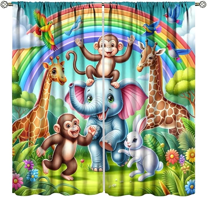 Animals Window Curtain Rod Pocket Kids Boys Girls Forest Giraffe Elephant Monkey Flowers Window Treatment for Baby Children Bedroom Living Room 42" W X 63" L