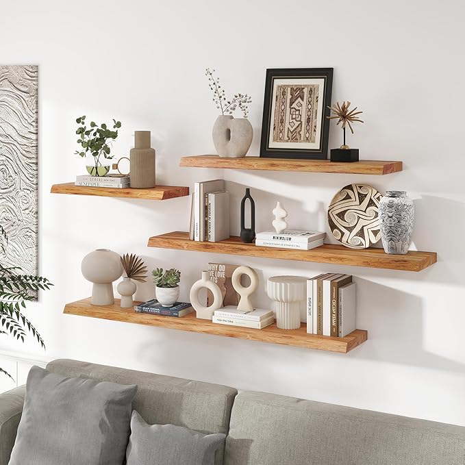 Live Edge Elm Floating Shelves For Wall - 36" W x 9.3" D Rustic Solid Wood Shelves with Invisible Bracket, Wall-Mounted Storage & Display Shelf for Living Room Bedroom Kitchen, Set of 2, Natural