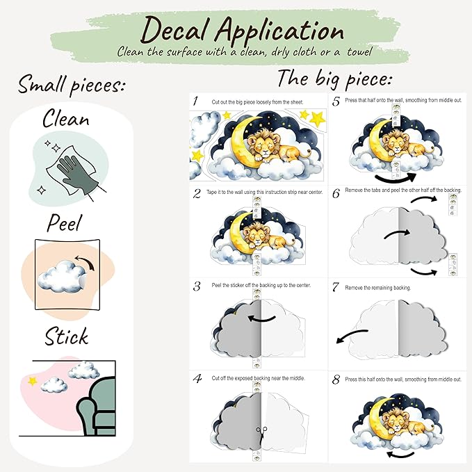 Boho Nursery Wall Decals - Dreamy Watercolor Elephant Sleeping on Cloud | Multi-Piece Set with Clouds, Moon & Stars | Removable Fabric Wall Art for Kids Room