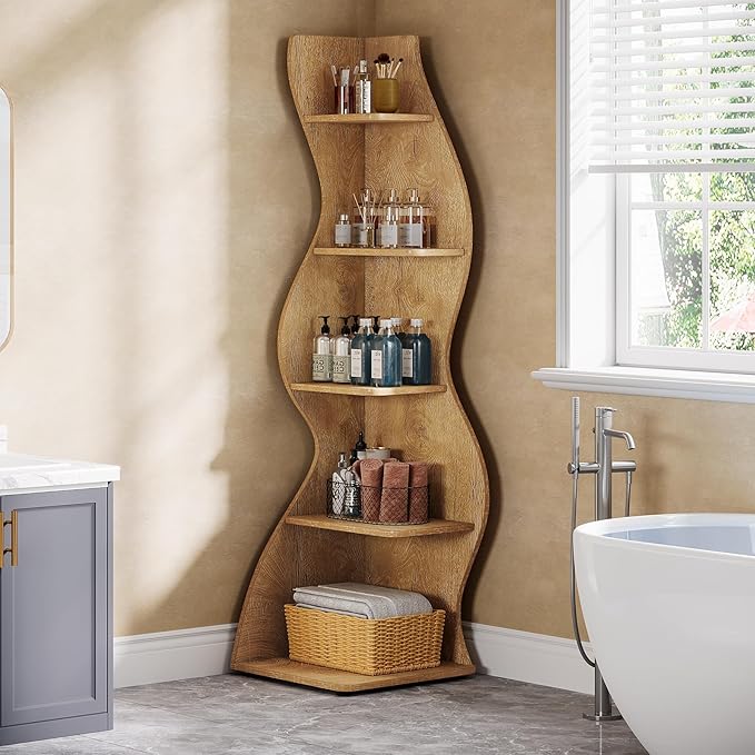 Tribesigns Wavy Corner Shelf, Modern 5-Tier Bookshelf Bookcase with Curvy Shape, Unique Plant Stand Display Rack for Living Room Small Space (Light Brown)