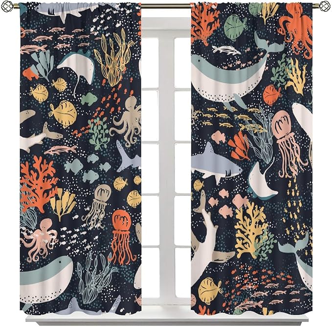 Sea Animals Curtain Cartoon Fish，Undersea Cute Whales Dolphin Underwater Wild Life Blue Ocean Boys Girls Waterproof Polyester Fabric Bedroom Decoration Set 2 Panels,52x84 Inches