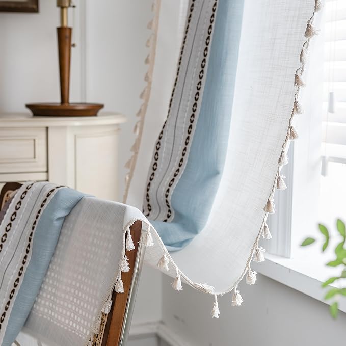 Deeprove Boho Linen Curtains 96 inch Length for Home Office Laundry Room, Contemporary Mid-Century Modern Tassels Window Treatment Bohemian Embroidery Drape 1 Panel 52" W x 96" L, Blue and Brown